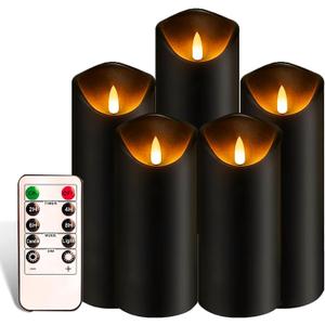 Black Pillar Flameless Candles 3D Wick with Controller,led Slim Candles Flicering Flame,Battery Operated Fake Plastic Candles for Halloween Christmas,Party Dcor.(5Pack H 5" 5" 6" 6" 7" x D 2.2")