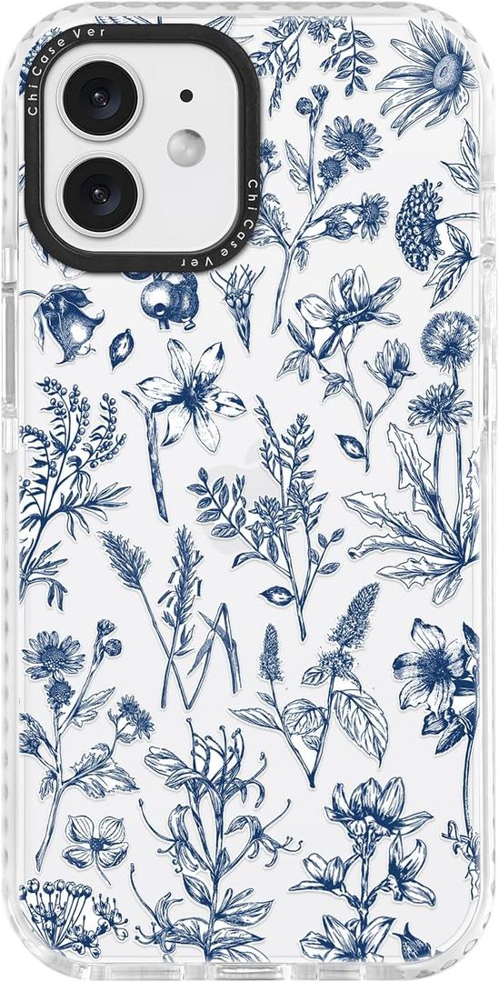 for iPhone 12 Case, Vintage Botanical Pattern with Blue Flowers, Military-Grade Drop Protection, Floral Soft Slim TPU Protective Cover with Camera Protection for Women & Girls
