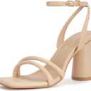 Women's Block High Heels Square Toe Heeled Sandals Ankle Strap Shoes
 Size 7