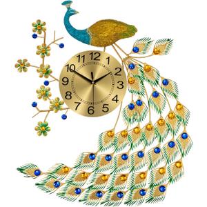 Peacock Wall Clock 25.6 * 29.5in Large Peacock Clock Luxury Wall Clock Silent Digital Wall Watch Clock Hanging Wall Clock for Living Room Bedroom Decor
