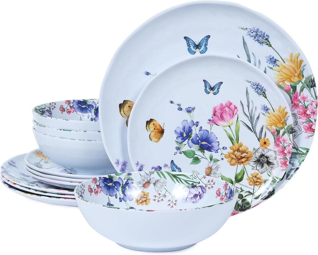 12 Piece Melamine Dinnerware Sets - Plates And Bowls Sets Floral Dinnerware Sets- Spring Camping Dishes Indoor Outdoor Use, Flowers And Butterflies Pattern