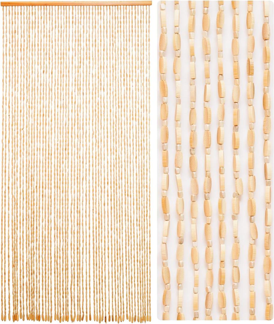 52 Strands 35.4" x 79" Bamboo and Wood Beaded Curtain for Doorway Handmade Natural Doorway Beads Bohemian Bamboo and Wooden Room Devider Hanging Boho Beaded Curtain,Beige