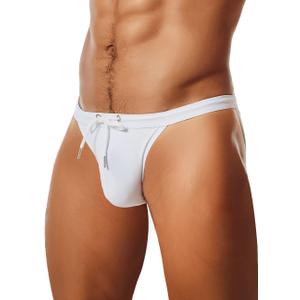 MIZOK Men's Sexy Low Rise Swimsuits Bikini Swimming Briefs Swimwear with Adjustable Drawstring (White)