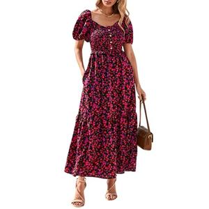PRETTYGARDEN Womens Summer Dresses 2025 Casual Boho Floral Puff Short Sleeve Flowy Maxi Dress Smocked V Neck Sun Dresses (Black Red, Small)