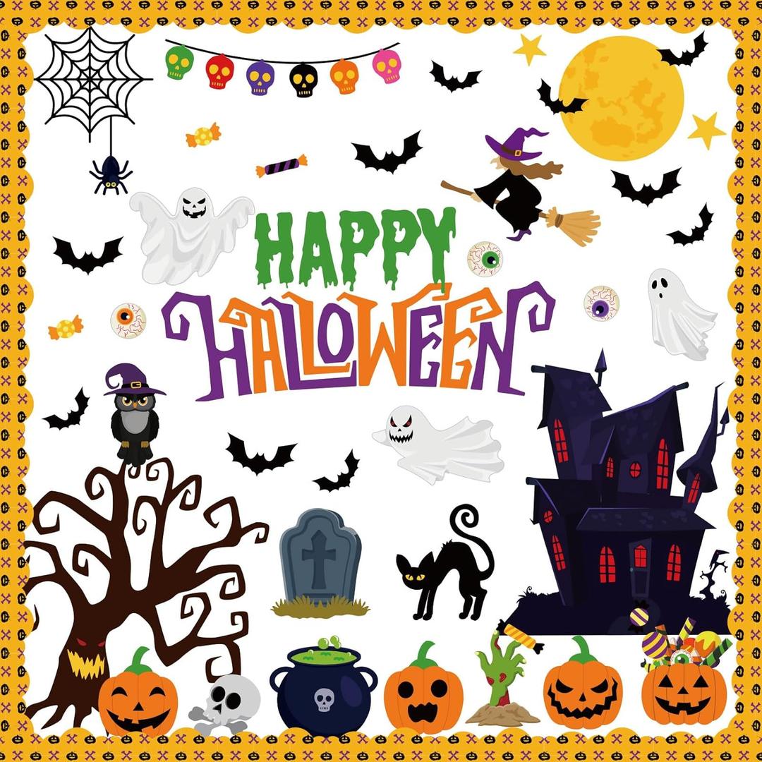 3 x 71 Pcs Halloween Bulletin Board Decorations with 300 Pcs Glue Points Halloween Ghosts Pumpkins Bats Witches Cutouts for School Classroom Wall Decoration