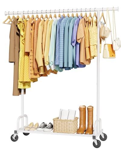 Sakugi Clothes Rack - Large-Capacity Clothing Racks for Hanging Clothes with Lockable Wheels, Space-Saving Metal Coat Rack for Bedroom, Laundry Room, Entryway, 45.6" x 16.9" x 59", White