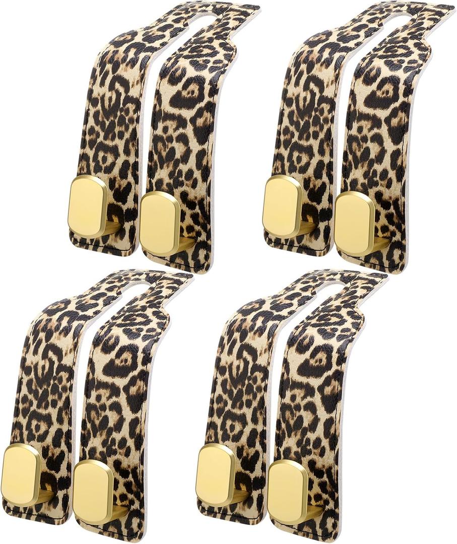 Silkfly 4 Pcs Leopard Print Car Seat Back Hooks, Brown Cheetah Car Headrest Hooks Metal & Leather Multi-Function Storage Double Hanger for Purse Handbags Phone Organizer Accessories Gift