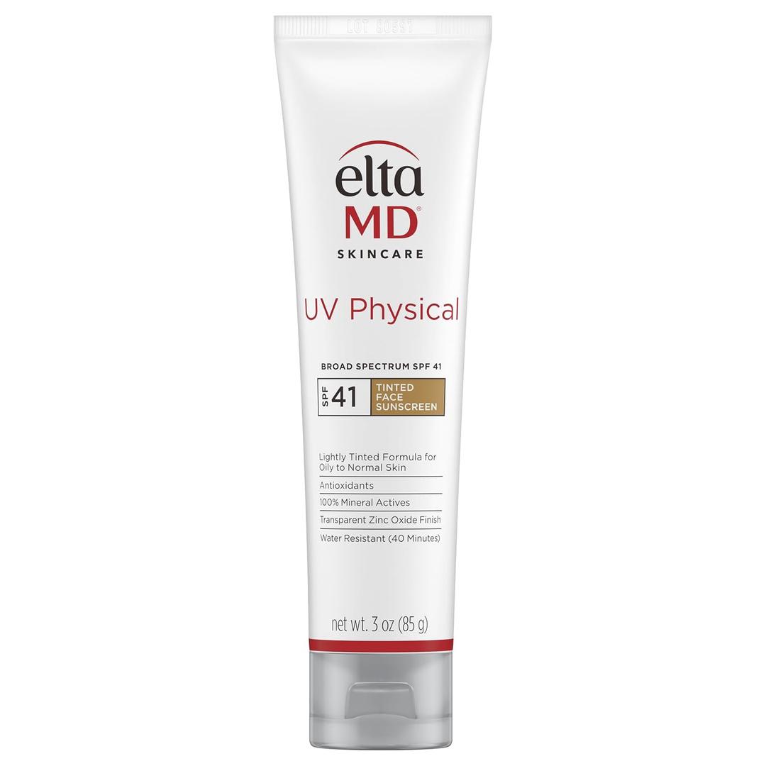 EltaMD UV Physical Tinted Sunscreen for Face, SPF 41, 100% Mineral Active Sunscreen, Transparent Zinc Oxide Finish