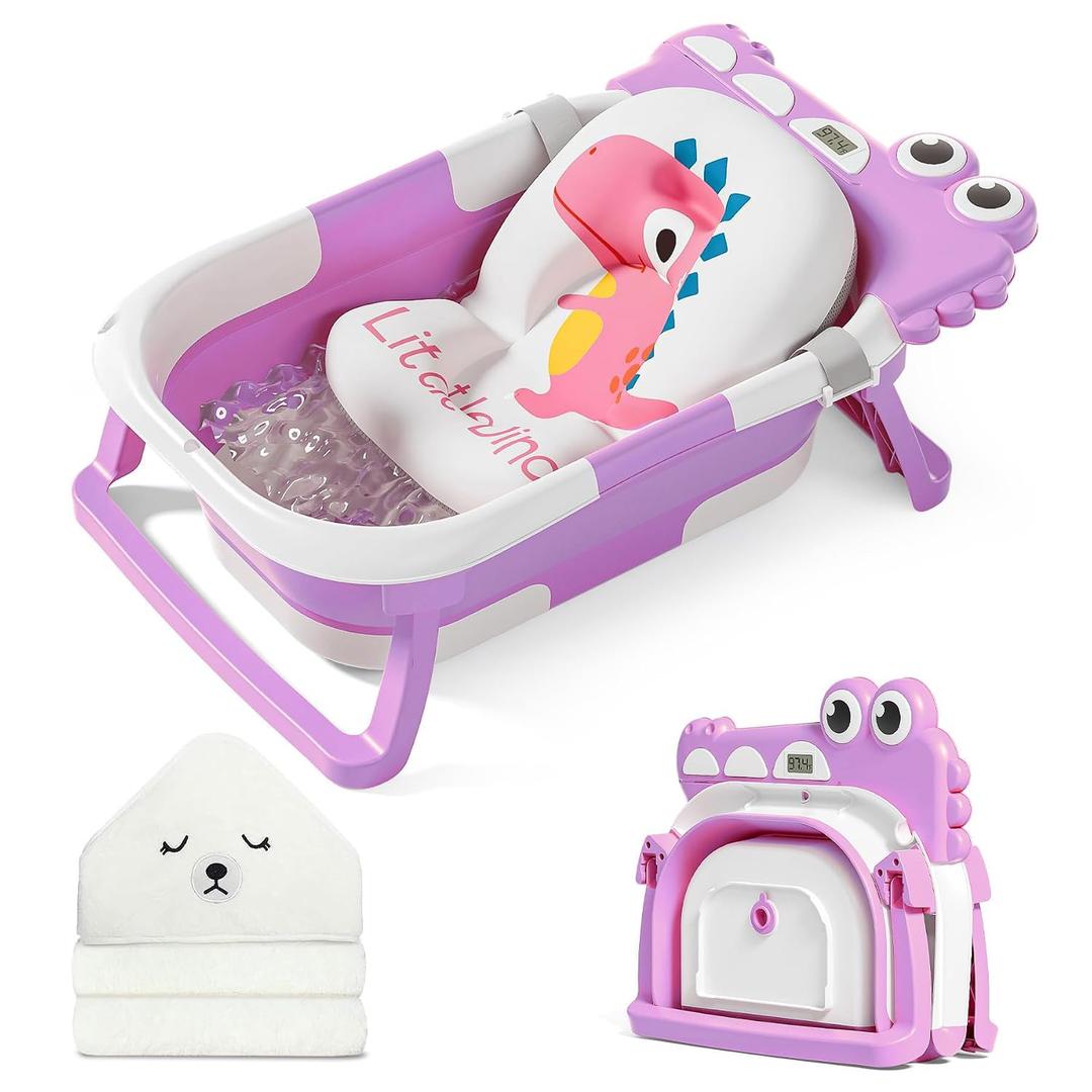 MoreFeel Collapsible Baby Bathtub for Newborn with Thermometer & 1 Hooded Towel & 1 Soft Floating Cushion,Portable Travel Bathtub with Drain Hole, Durable Foldable Baby Tubs for Infants to Toddler