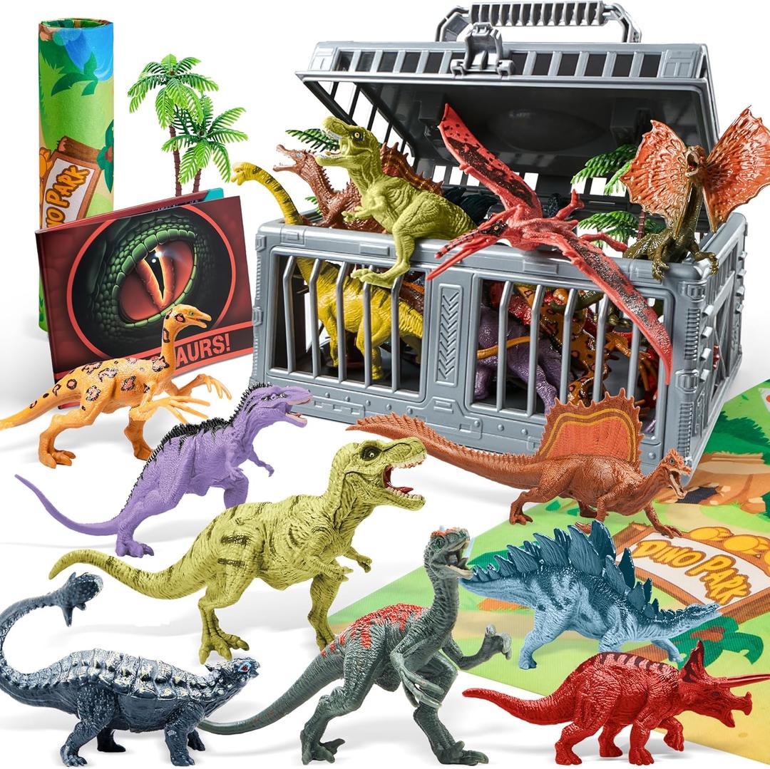 JOYIN Dinosaur Toys with Activity Play Mat & Storage Cage, 19 PCS Realistic Dinosaur Figures & Trees for Toddlers Kids Ages 3-5, Ideal for Boys and Girls Gift