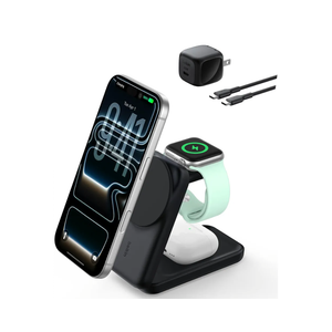 Belkin MagSafe Charger Compatible, 3in1 Charging Station, Qi2.2 25W Magnetic Wireless Charger Dock, Foldable Charging Stand for iPhone 17/16/15, Apple Watch, AirPods, Pixel 10 (45W Adapter Included)