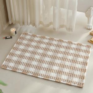 TYUU Waffle Bath Mat, Boho Bathroom Rugs Non Slip Washable Absorbent Checkered Bathroom Mat Quick Dry Farmhouse Bathroom Decor, 36"x24" Khaki and White