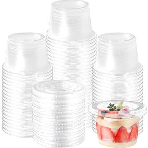 Qyyiguf 100 Pack 8 OZ Disposable Plastic Cups with Flat Lids,Clear Dessert Cups Plastic Containers,Mini Plastic Containers for Drink,Yogurt,Parfaits,Soups,Snacks,Salad,Fruit
