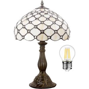 WERFACTORY Tiffany Lamp Cream Amber Stained Glass Bead Table Lamp Desk Bedside Reading Light 12X12X18 Inches Deco Bedroom Living Room Home Office S005 Series