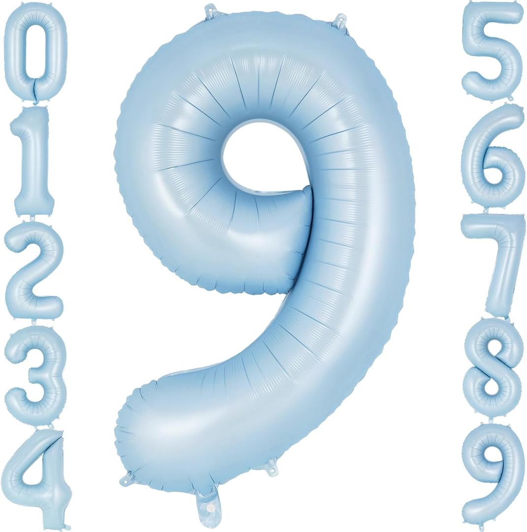 Light Blue Number 9 Balloon, 40 Inch Big Large Foil Number Balloons, Giant Mylar Number 9 Balloons for 9 Year old Birthday Baby Party Decorations Supplies Anniversary