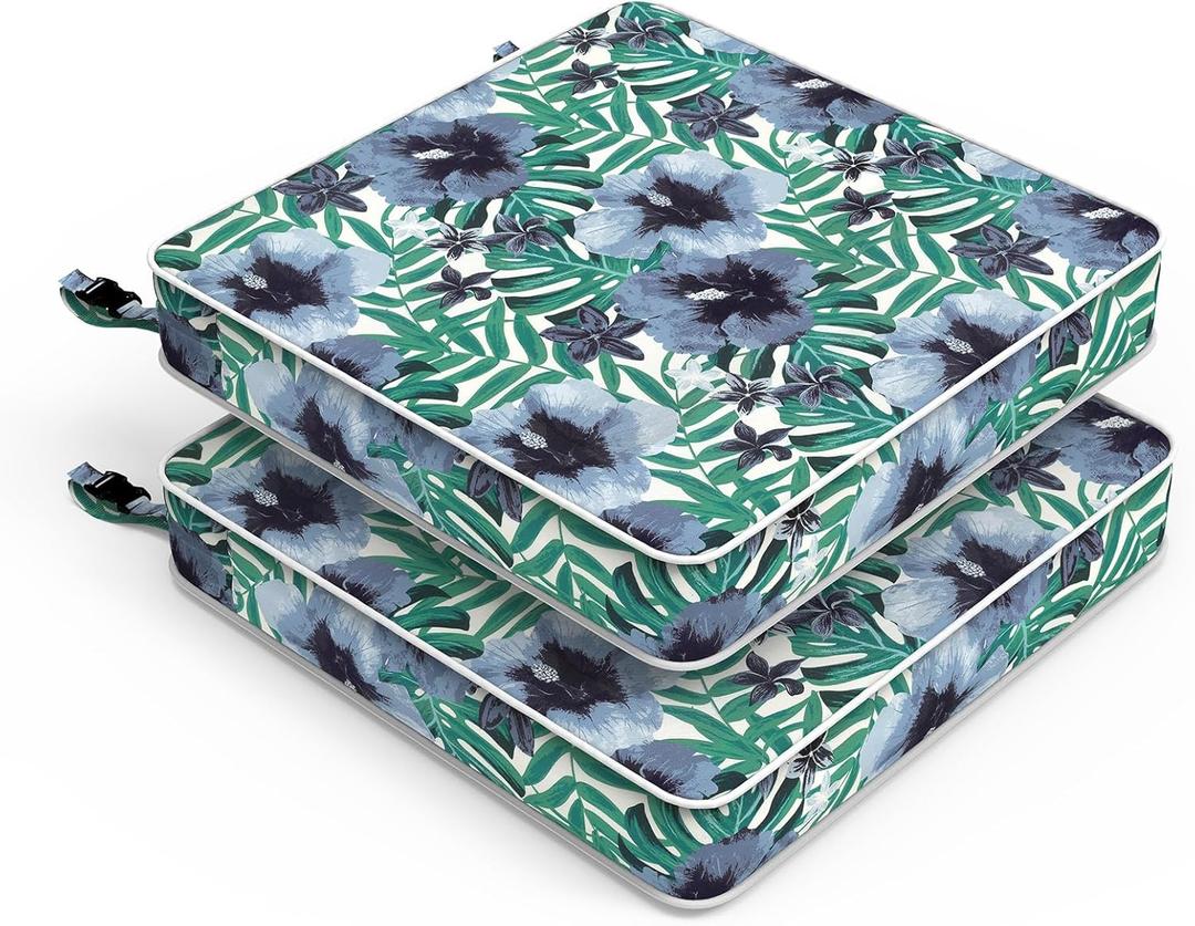 LVTXIII Patio Chair Cushions 19"x19"x3", Water-Repellent Outdoor Seat Cushions for Patio Furniture, Square Chair Pads with Ties for Home Garden Decoration, Set of 2, Blue Salmone Tropical