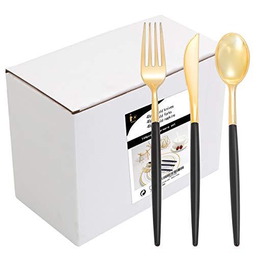 I00000 72 PCS Black Silverware Set, Plastic Silverware with Black Handle, Gold Plastic Cutlery Includes: 12 Forks, 36 Knives and 24 Spoons for Party or Dinner& Wedding