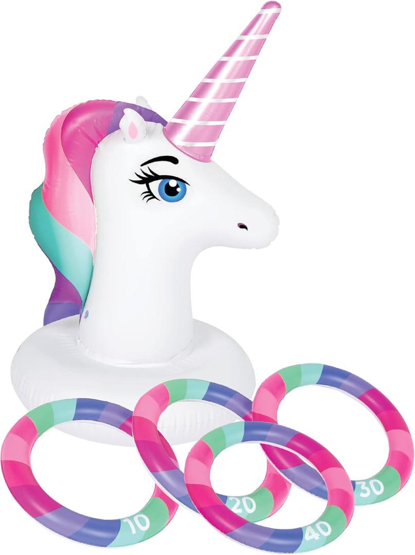 Unicorn Ring Toss Pool Toys - Inflatable Unicorn Party Decorations with Unicorn Base and 4 Toss Rings Summer Pool Float Party Decor - for Kids 3 Years Old and Up