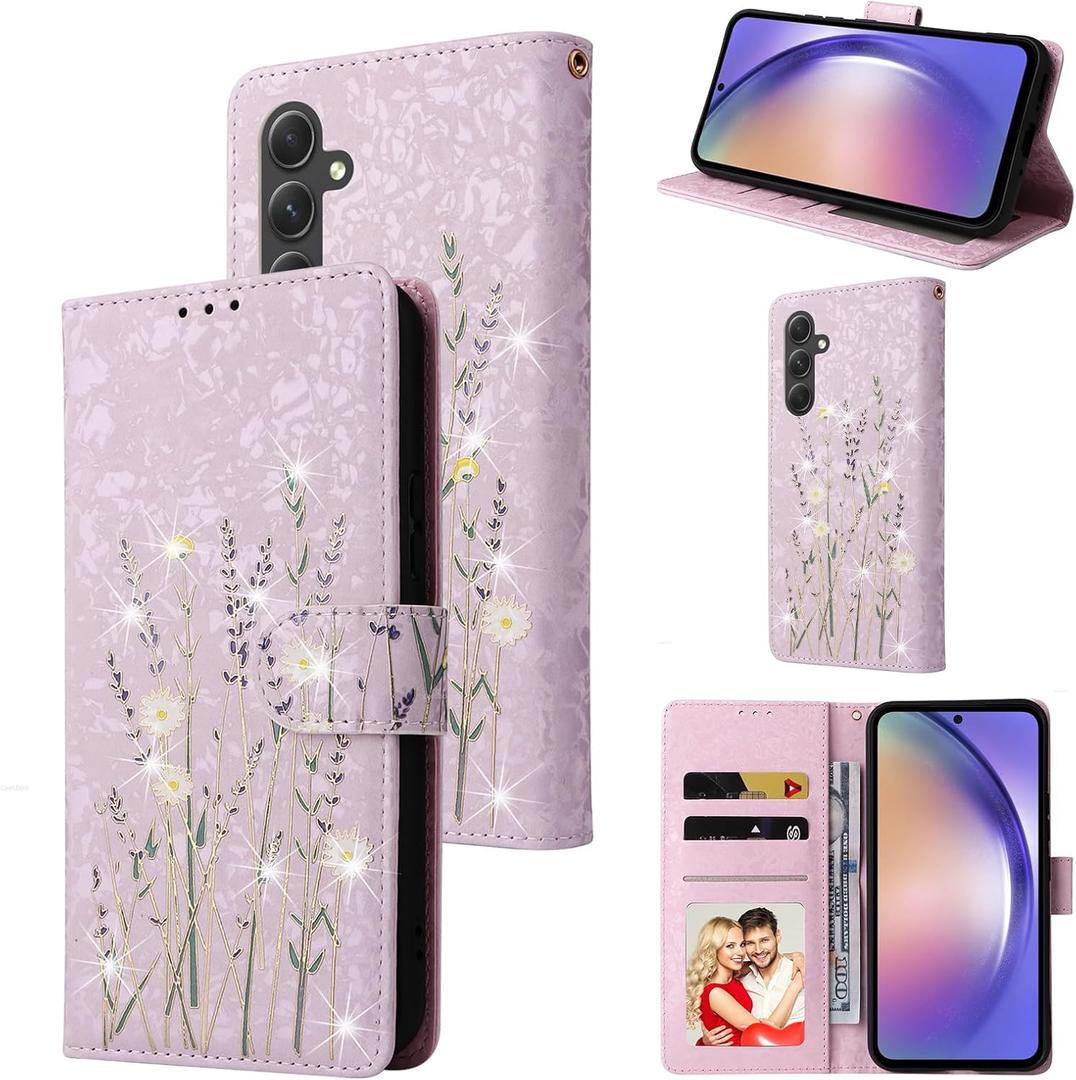 UEEBAI Wallet Case for Samsung Galaxy S25 Plus 5G, PU Leather Phone Case Kickstand RFID Blocking Flip Case Card Slots Wrist Strap Relief Engraved Pattern Magnetic Closure Flower Folio Case, Lavender