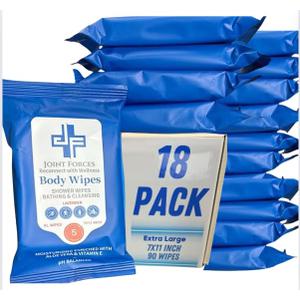 Joint Forces Rinse-Free Body Wipes (18 Pack) - 18 XL Shower Wipes for Adults, Bathing, Traveling, Camping, Gym, Car, Elderly, Bedridden, Personal Hygiene, Disposable, No Rinse Required (18 Pack)