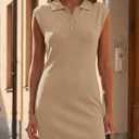 Saodimallsu Womens Summer Sleeveless Mini Dress Casual Polo Collared Button V Neck Knit Sweater Shirt Dresses (Beige)