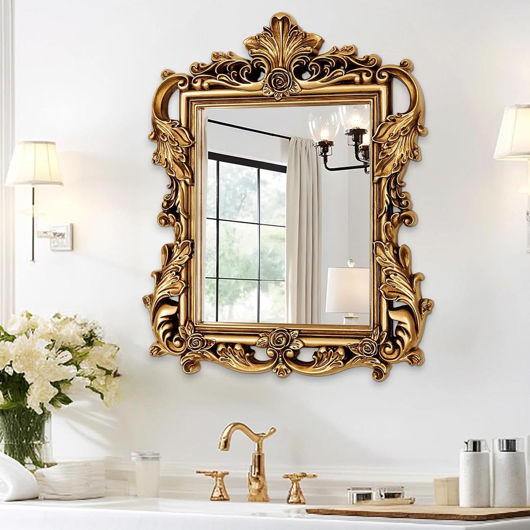 Gold Baroque Mirror - 26.3'' x 32.6'' Ornate Lightweight PU Frame, Vintage Decor Mirror for Living Room Fireplace Dining Room Entryway, Antique Mirrors with HD Reflection to Brighten & Expand Space
