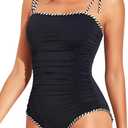 Tempt Me Women One Piece Swimsuits Ruched Slimming Bathing Suits Vintage Swimwear (S)