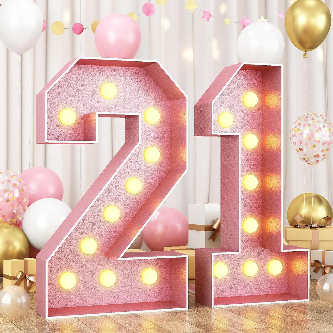 HILAVO 21 Light Up Numbers 4FT, Large Light Up Numbers 21 Pink 21 Marquee Mosaic Number, Big 21 Number 4 Feet Tall DIY Frame Pre-Cut Foam Board Kit for 21st 12th Birthday Anniversary