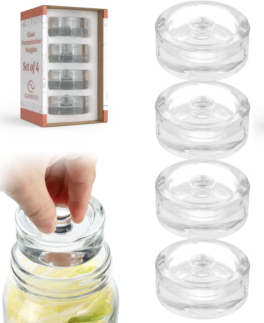 Elementi Glass Fermentation Weight Set of 4 - Easy Grip Fermenting Weights, Perfect Fit for Wide Mouth Mason Jars, Durable Soda-Lime Glass for Sauerkraut, Kimchi & More - Pickling & Canning Weights