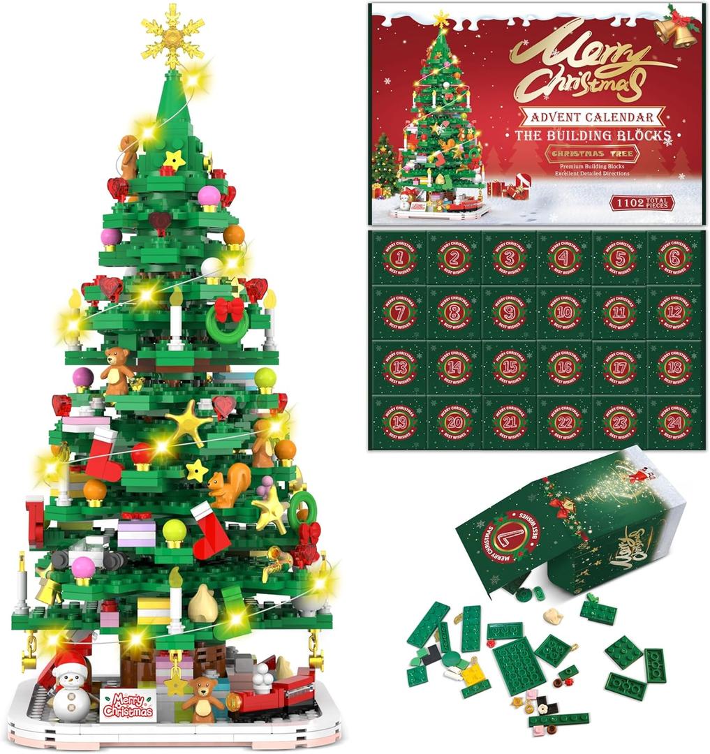 Advent Calendar 2025 Christmas Tree Building Toy Set with LED light, Christmas Countdown Calendar, 24 Days Building Block for Kids Adult Creative Gifts for Adults Teens Girls Ages 8+