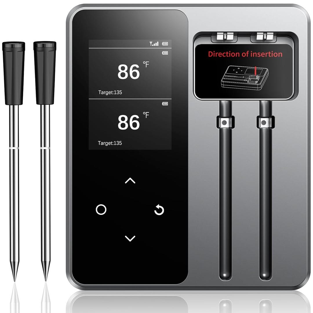 Wireless Meat Thermometer with App Control, 600FT Bluetooth Range, 2 Probes & 6 Sensors, 0.5S Instant Read, LCD Display, IP67 Waterproof Real-Time Monitoring & Smart Alerts for BBQ, Grill, Oven