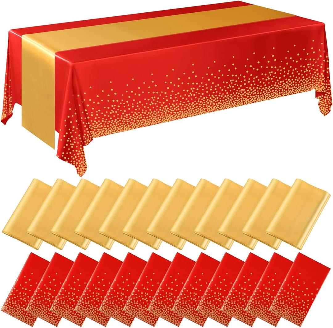 Breling 24 Pack Red and Gold Disposable Plastic Tablecloths and Satin Table Runner Set, 54 x 108 Inch Tablecloth, 12 x 108 Inch Table Runners for Wedding Graduation Birthday Baby Shower New Year