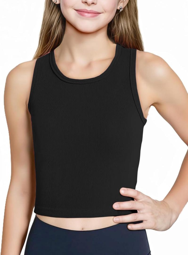 Girls Tank Tops Kids Athletic Ribbed Summer Sleeveless Crop Tops School Workout Running Sports Outfits Basic Camisole (Black)