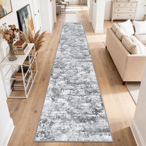 Washable Carpet Runners for Hallway 14ft-Non Slip Floor Runners for Dogs, Abstract Hallway Runner Rug with Silicone Backing, Stain Resistant Rug for Indoor High Traffic,2.6x14,Gray