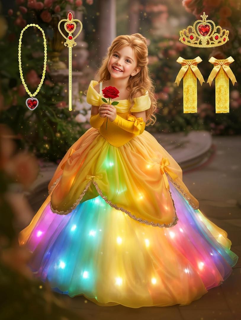 Princess Dress, Light Up Girls Halloween Costume for Toddler Kid Fairy Dress Up Clothes for Birthday Party, Yellow (8-9 Years)