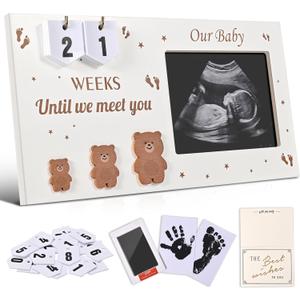 Pregnancy Countdown Sonogram Picture Frame with Number Cards & Newborn Handprint Kit Bear-Themed Ultrasound Keepsake Gift for Expecting Parents & Grandparent Reveal (Brown)