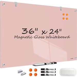 Glass Whiteboard, 36x24 Inches Magnetic Glass Dry Erase Board, Pink White Board for Wall Office School Classroom Home, 3x2 Feet Large White Board Wall Mounted