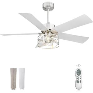 YOUKAIN Ceiling Fans With Lights, 48 Inch Farmhouse Ceiling Fans with Lights and Remote, 5-Reversible, Brushed Nickel Finish, outdoor ceiling fan for cover patio, 48-YJ632-BNW (Gray Oak & Silver)