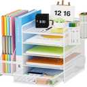 Lavatino Desk Organizer with File Holder, 5-Tier Paper Letter Tray Organizer with Sliding Drawer and 2 Pen Holder, Mesh Desktop File Organizer for Office Supplies, White