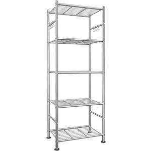 5-Tier Storage Shelves with Hooks, 18.1" x 12.4" x 56.8", Silver, 18.1W×12.4D×56.8H