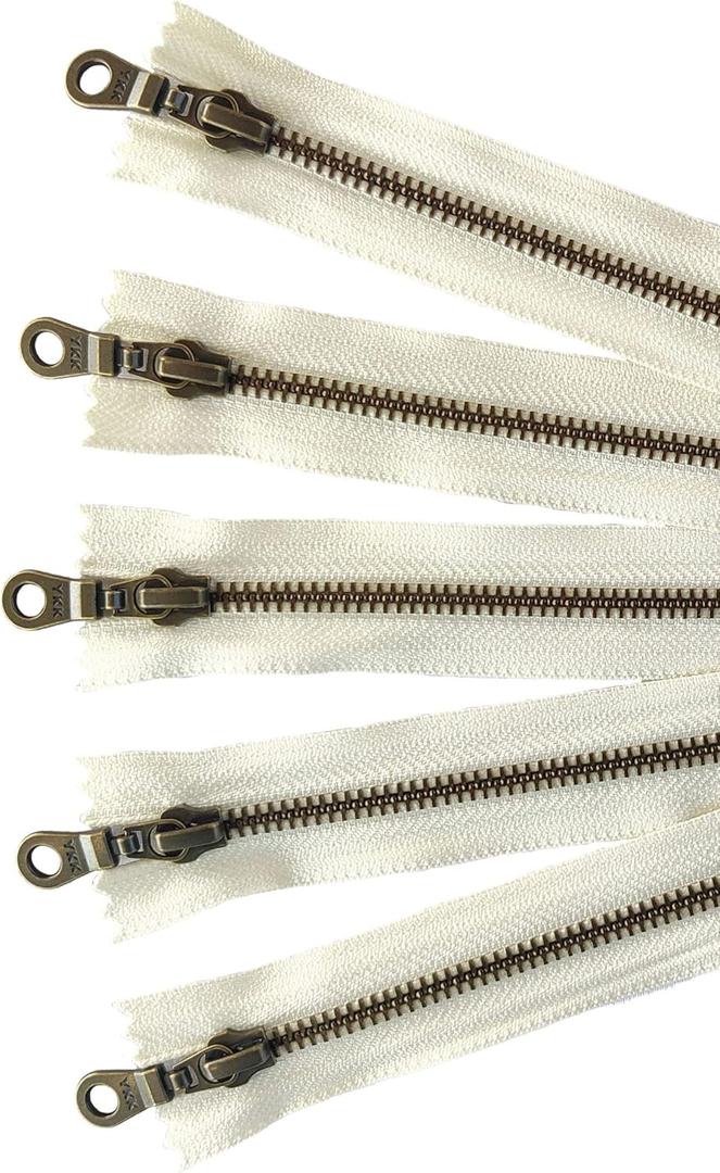 Antique Brass Metal Zippers in Vanilla/Cream/Offwhite with Donut Pull - #5 Closed-end Zippers - 6 Inch - Set of 5 Pieces by Craftbot