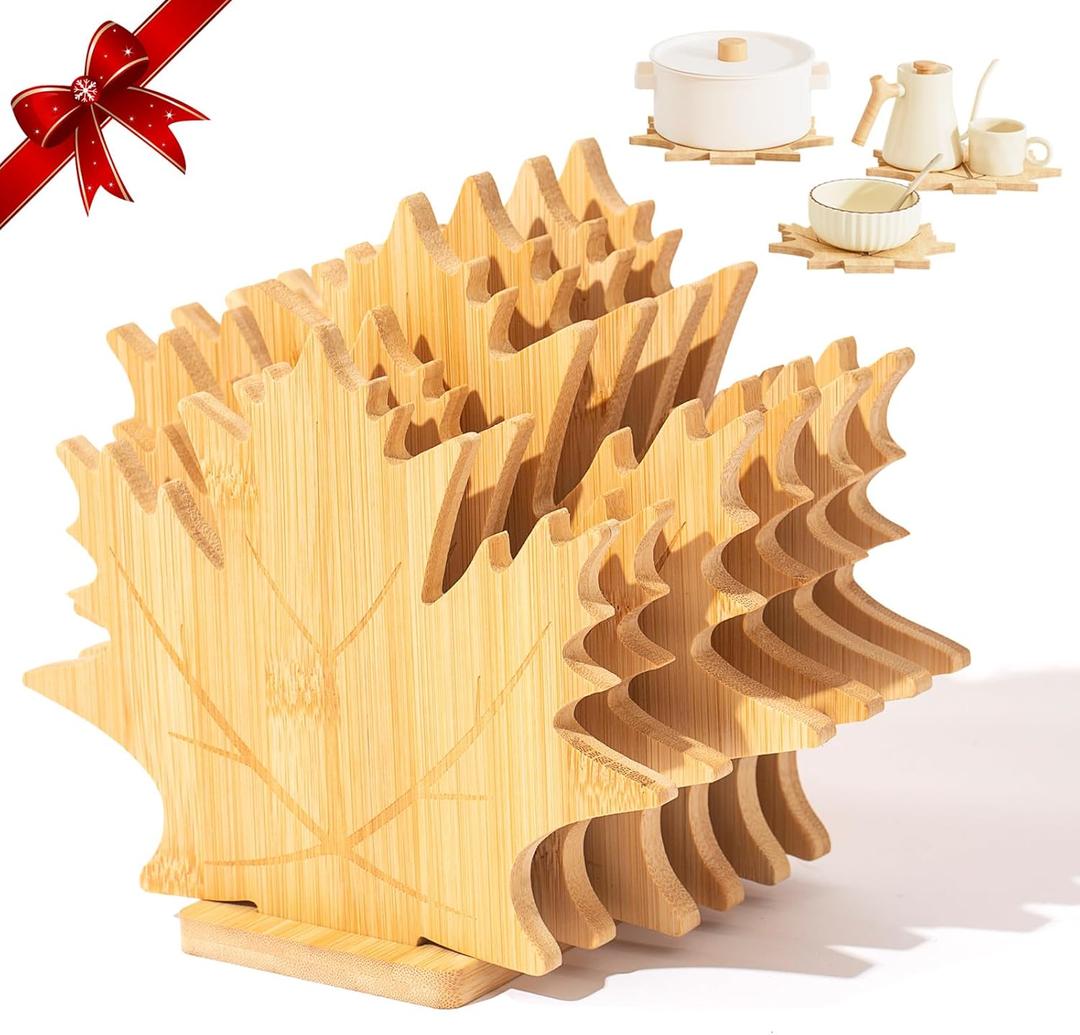 Bamboo Trivets for Hot Dishes, Pots & Pans - 6 Large Heat Resistant Pot Holders Trivet Set with Maple Leaf Design, Non-Slip for Kitchen Countertops & Dining Table