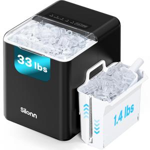 Silonn Ice Maker Countertop, 10 Ice Cubes in 5 Mins, 33 lbs/24H, 2 Bullet Ice Sizes, Self-Cleaning Ice Maker with Scoop, Portable Compact Ice Machine for Home, Kitchen, Party