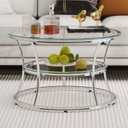 O&K FURNITURE Glass Coffee Table, 2-Tier Modern Living Room Table with Shelf, Tempered Glass & Chrome Frame, Silver Center Table for Living Room & Office, Chrome Finish, 1 PC