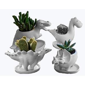 Ceramic Succulent Plant Pot Cactus Plant Pot Flower Pot Container Planter with Drainage Hole Home Office Desk Garden Gift Idea Animal Shaped Flower Pot Cute Vase Pot (4pcs Dinosaur)