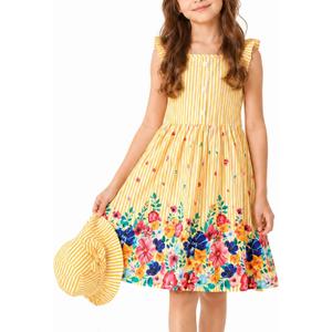 Girls Floral Sundress Summer Beach Dress with Matching Sun Hat Yellow 11-12 Years