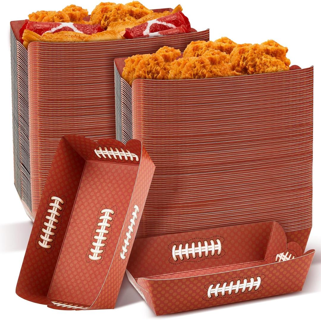 Zhehao 100 Pcs Football Paper Food Trays Football Birthday Party Supplies Disposable Serving Nachos Boats for First Year Down Birthday, Baby Shower, Sport Party, Snacks, Taco, Seafood Plates
