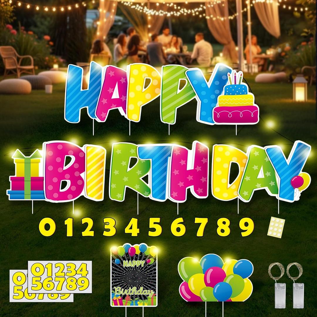 Happy Birthday Yard Sign with Stakes & 33ft LED Lights, DIY Gold Age Number Stickers - Fast Setup Weatherproof Outdoor Party Lawn Decorations (Six 16"x11" Pre-Grouped Panels)
