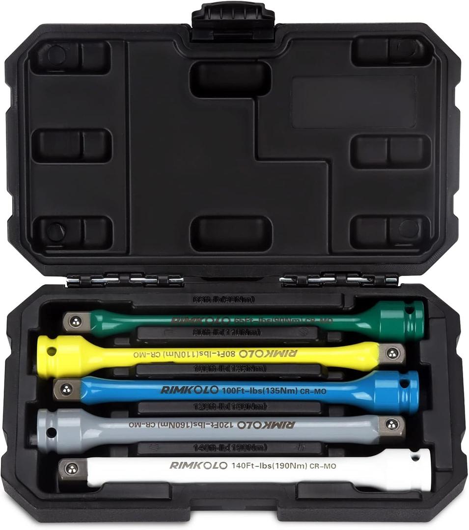1/2" Drive Torque Limiting Extension Bar Set, 5-Piece Impact Torque Limiter Set with 8 Inch Color-Coded CR-MO Torque Sticks 65 to 140 Ft-Lbs for Locking Lug Nuts