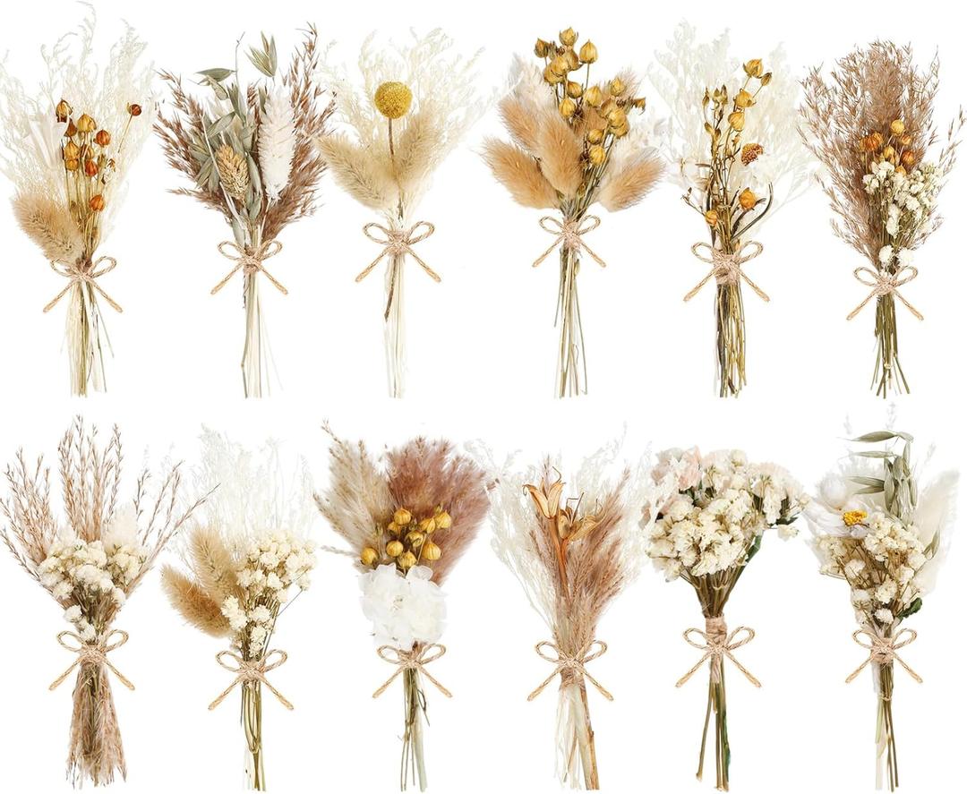 12/24 Pack Dried Flowers for Vase Various Mini Bouquet Dried Small Wildflowers Natural Real Flowers Bulk for Crafts DIY Wedding Decor (12, Plain Colour)
